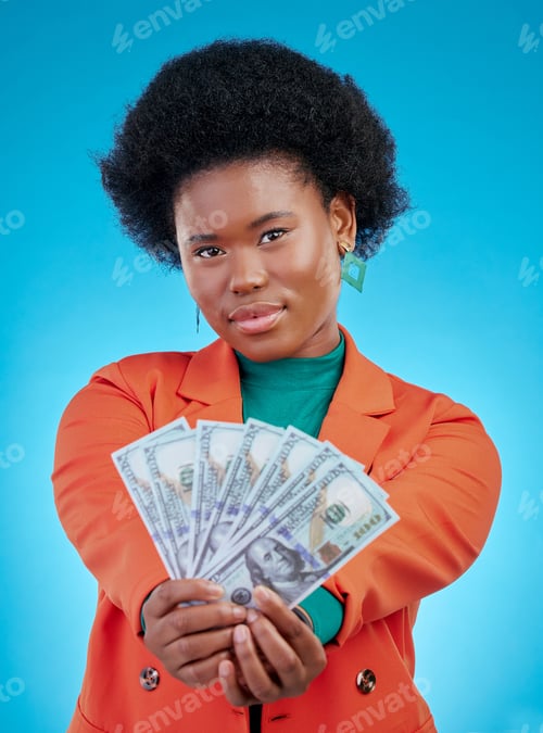 Preview: Money, fan and business woman in portrait for winning, cash and lottery offer on blue background. F