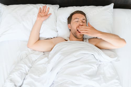 Preview: Cheerful Man Waking Up Lying In Cozy Bed At Home On Weekend Morning. Healthy Sleep Concept