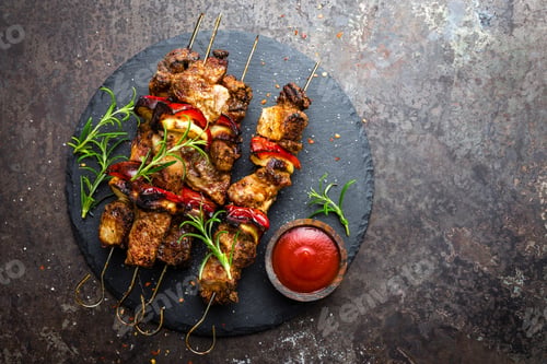 Preview: Grilled meat skewers, shish kebab with onion and sweet pepper