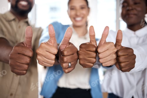 Preview: Shot of a group of businesspeople showing thumbs up in a modern office