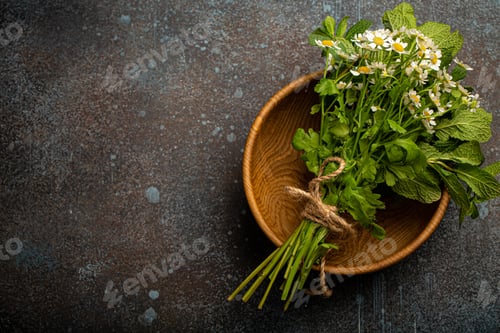 Preview: Fresh flowers and herbs top view for natural herbal medicine and homeopathy
