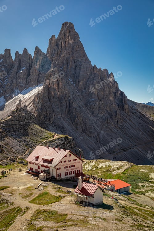 Preview: View to Tre Cime and Dreizinnen hut in Dolomites, Europe