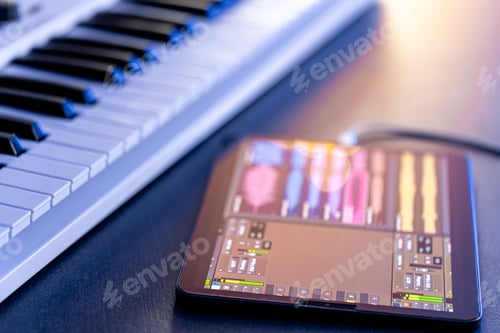 Preview: Musical keys and a tablet with a stylus on the table.