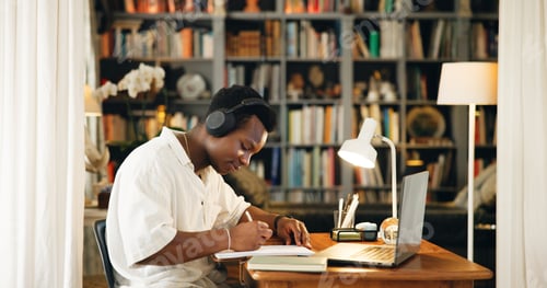 Preview: Laptop, college and writing with black man and headphones for research, online course and scholarsh