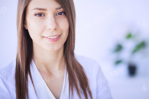Preview: Clinic. Medical physician female doctor over clinic interior background.