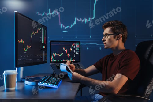 Preview: Crypto broker sitting at his workplace, looking at computer monitor, checking candlestick chart