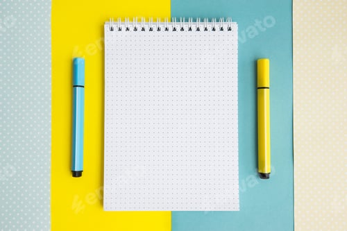 Preview: School supplies. Yellow and blue colors. Empty notebook. Flat lay composition. Space for text.