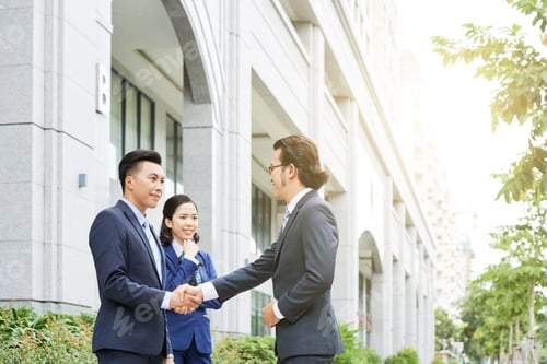 Preview: Smiling men shaking hands on street