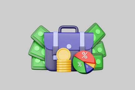 Visualização: Maleta de negócios com dinheiro e gráfico