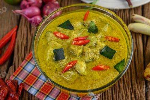 Preview: Green curry in a bowl with lime, red onion, lemon grass, garlic and kaffir lime leaves