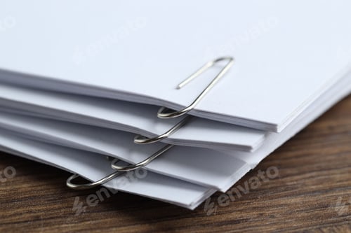 Preview: Paper notes with clips on wooden table, closeup