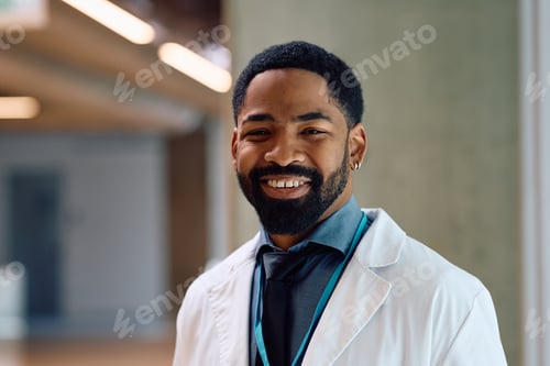 Preview: Portrait of happy black doctor looking at camera.