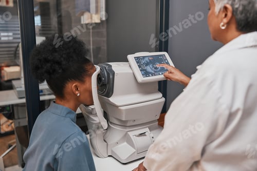 Preview: Digital eye test, vision and health for eyes, optometry and doctor with patient, eyecare and ophtha