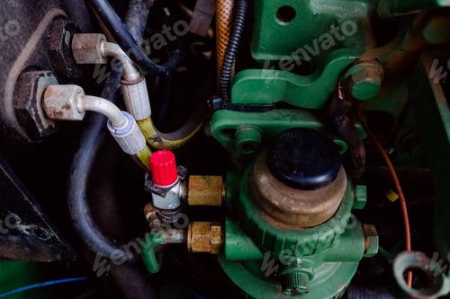 Preview: Close-up of an old tractor engine with cooling pipes.