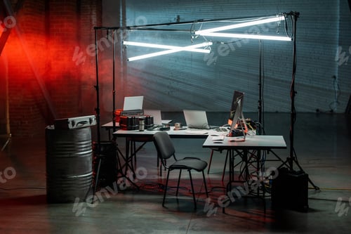 Preview: Desks, laptops, lamps and chair in office