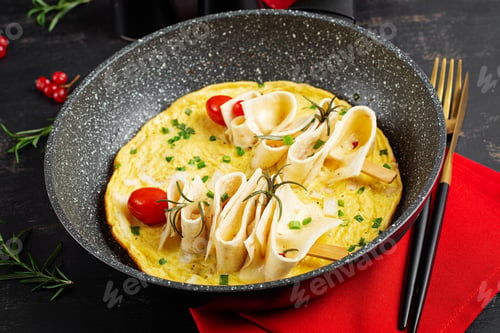 Preview: Omelette with pita bread and cheese in the shape of a Christmas tree. Healthy breakfast.