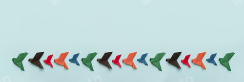 Preview: banner many paper origami pigeons different colors in row on light blue background