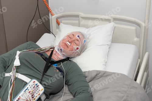 Preview: Middle aged woman measuring brain waves, examining polysomnography in sleep lab