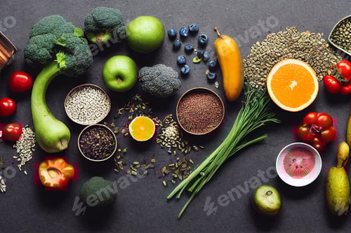 Preview: Fresh vegetables to cook healthy fresh food, condiment and cooking bowls on black stone slate backgr