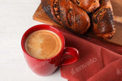 Preview: Delicious coffee and pastries on white wooden table