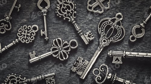 Preview: Vintage keys on gray wood background