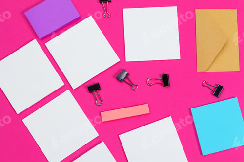 Preview: mock up concept. cards Papers on pink background. Top view, flat lay, copy space