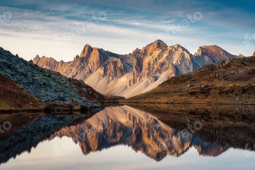 Preview: Landscape of Lac Long with Massif Des Cerces reflection during autumn in Claree valley at France