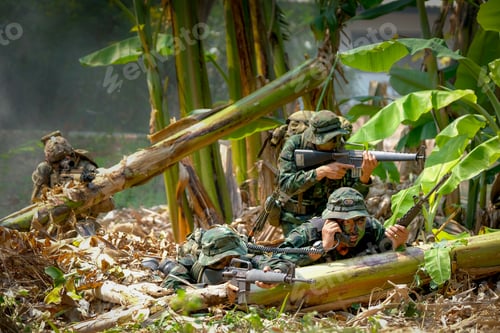 Preview: Head of soldier team stay in group and call to the base and stay in banana plantation