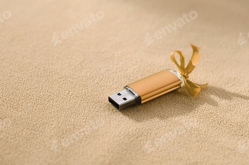 Preview: Orange usb flash memory card with a blue bow lies on a blanket of soft and furry light