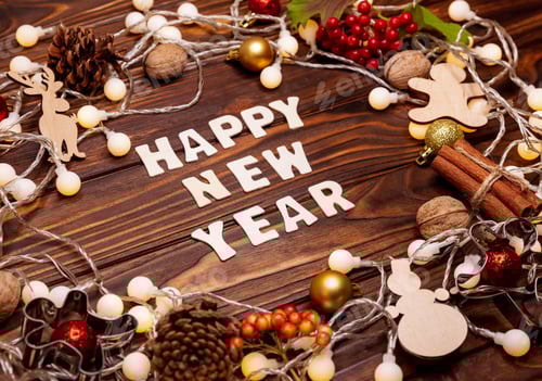 Preview: Glowing garland and bokeh effect. Christmas decorations on dark