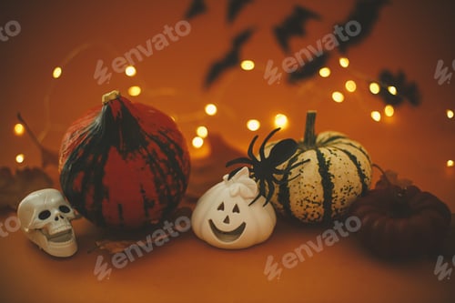 Preview: Happy Halloween. Pumpkins, jack o lantern, skull on dark orange background with lights and bats