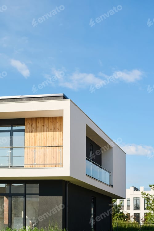 Preview: Corner of two storey house or cottage with balconies and large windows