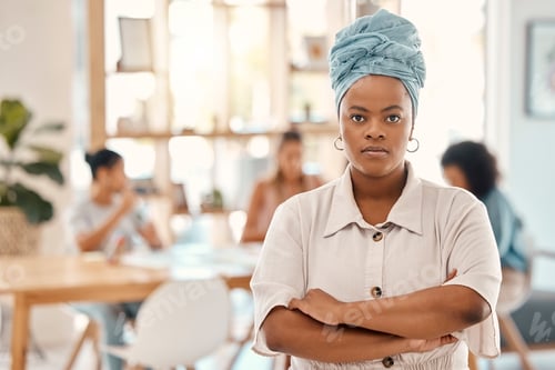 Preview: Portrait, black woman and arms crossed in office or meeting and ready for work. Vision, goals or mo