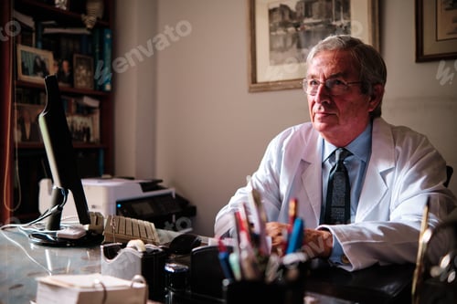 Preview: old doctor at his desk consulting