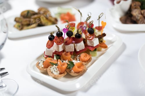 Preview: Canapes of fish, vegetables, meat on a plate on a white background