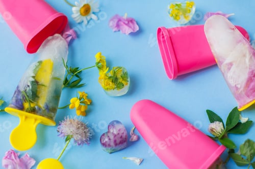 Preview: Colorful wildflowers in frozen popsicles and ice cubes on blue background