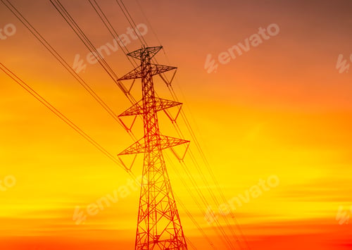 Preview: High voltage electric pole station on sunset background