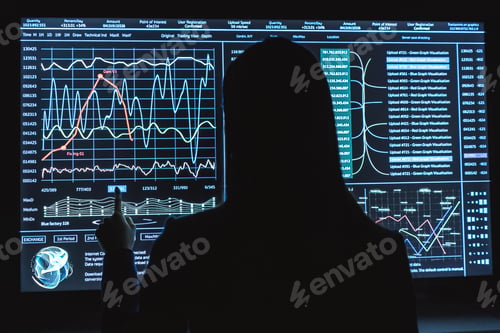 Preview: The business lady works with sensor monitor in the dark office.