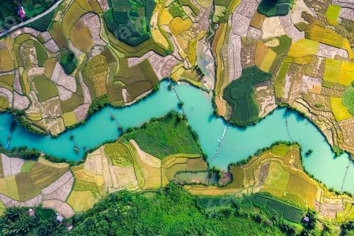 Preview: Winding river among the rice paddy field in countryside at Phong Nam Valley