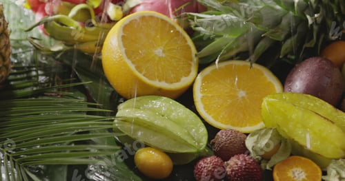 Preview: Watering of fresh natural organic fruits with palm leaves. Exotic fruity vegan background . Motion