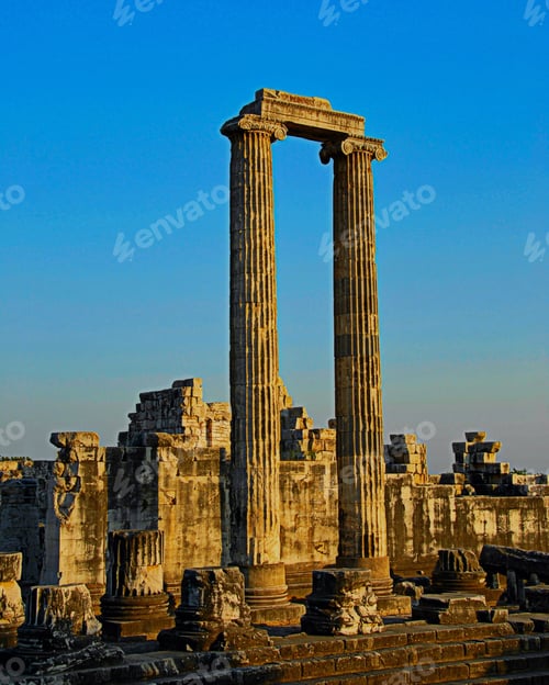 Preview: Vertical shot of the columns of Didyma, ancient Greek sanctuary Apollo temple in Didyma, Turkey