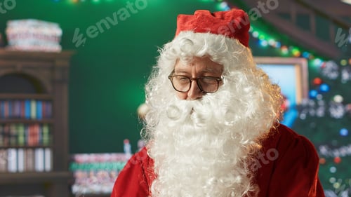 Preview: Santa Claus in his red suit browses webpages in his North Pole workshop