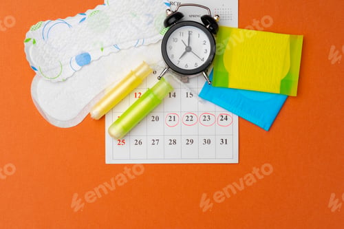 Preview: Menstruation calendar with sanitary pads and tampons, pills