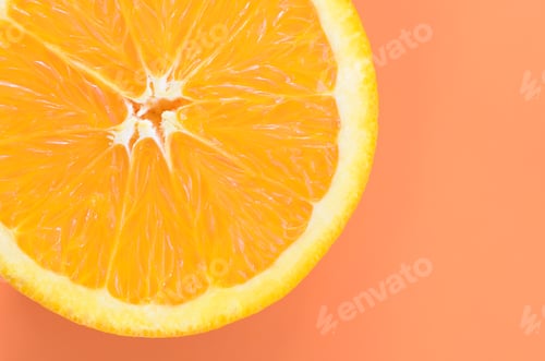 Preview: Top view of a one orange fruit slice on bright background in orange color. A saturated citrus