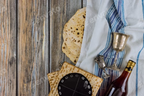 Preview: Judaism religious jewish holiday matza on passover with torah scroll and cup for wine