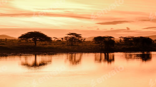 Preview: sunset by a water pool lake in the Savannah of South Africa KwaZulu Natal
