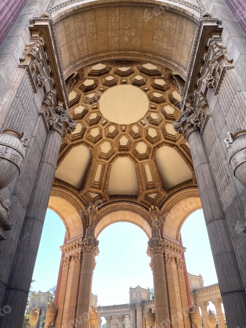 Preview: Vertical shot of an interior of the Palace of Fine Arts Rotunda, San Francisco, California, USA