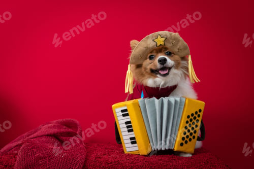 Preview: Pomeranian Spitz in a cangaceiro hat red bandana and accordion with red background behind