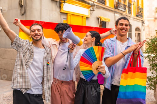 Preview: Diverse group of young friends celebrating pride and freedom