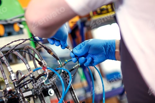 Preview: Professional mechanic testing diesel injector in his workshop.
